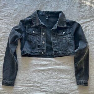 SOLD Black Distressed Jean Jacket - Trendy Cropped Denim - Women's Size Small S